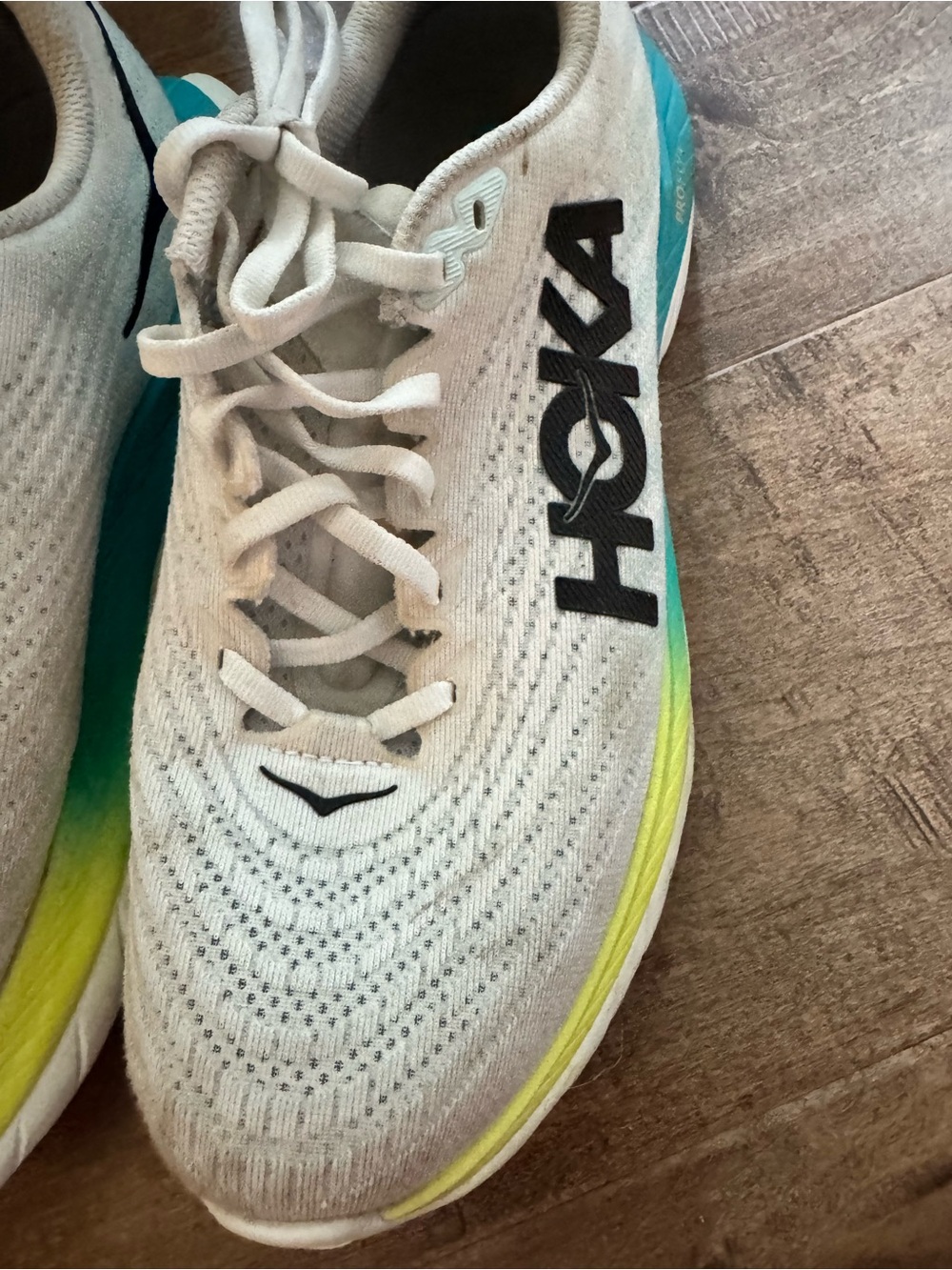 Hoka Women's Running Shoes - size 8.5w White with Teal & Yellow wide with